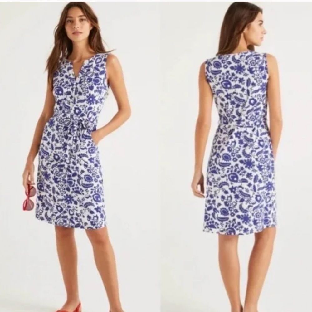 Boden Dress Womens Petite 4 Vanessa Blue White Floral Print Belted Jersey Sheath